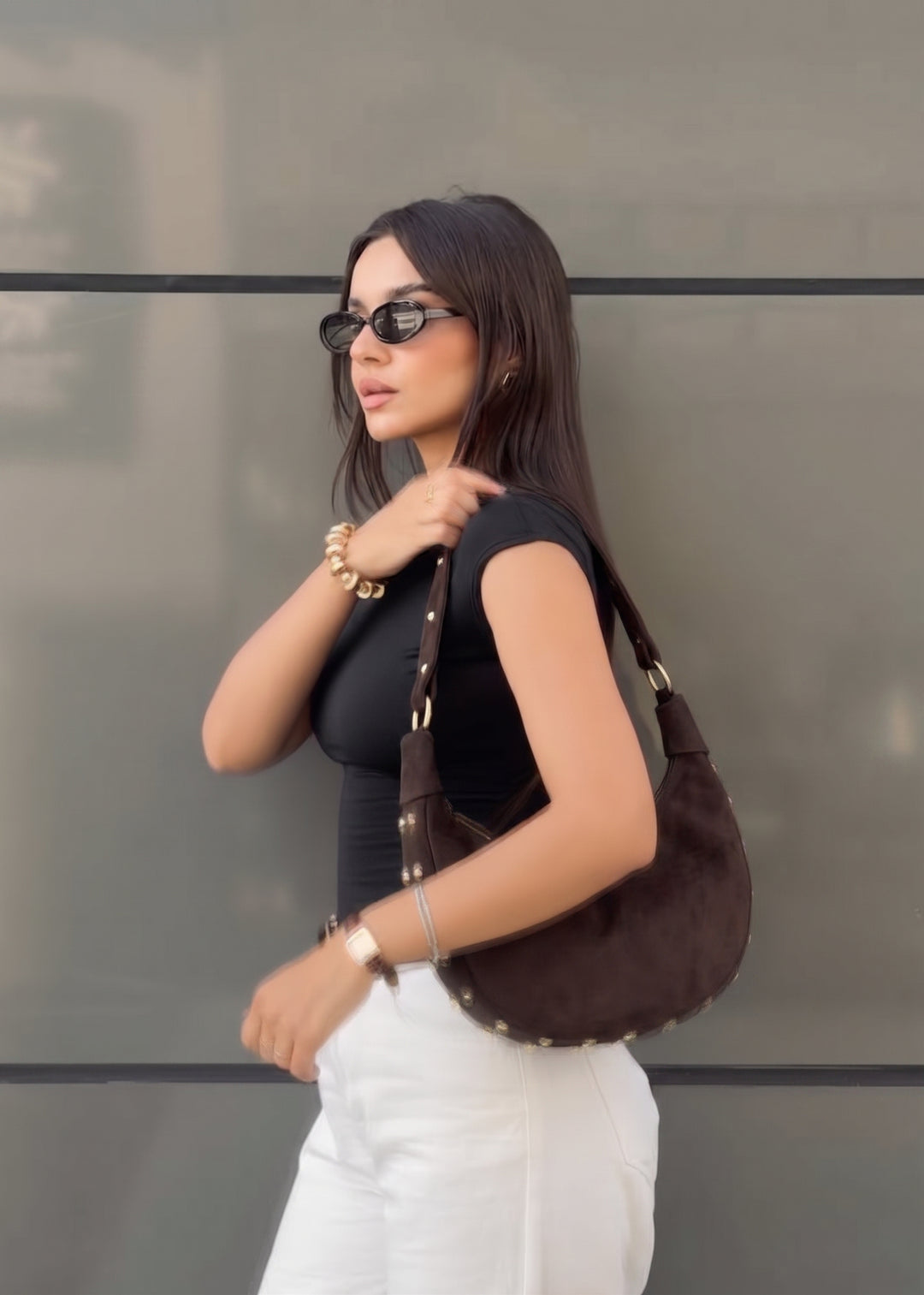 The Sienna Studded Suede Crescent Bag - Brown