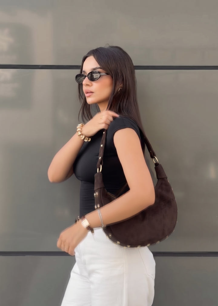 The Sienna Studded Suede Crescent Bag - Brown