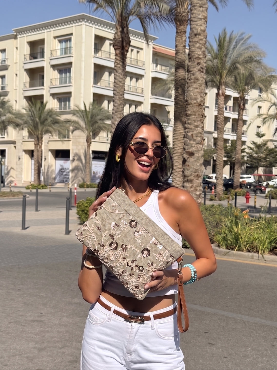 Rosewood Bloom Embroidered Shoulder Clutch