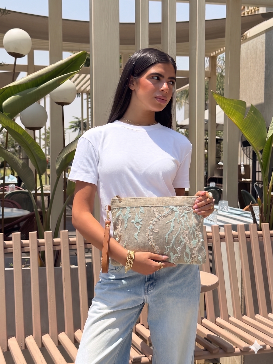 Coral Bloom Embellished Zipper Clutch