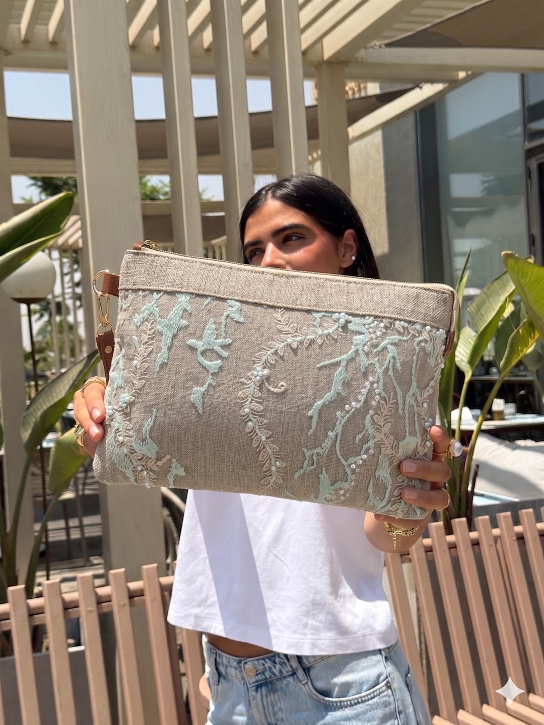 Coral Bloom Embellished Zipper Clutch