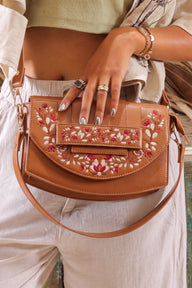 Havan Leather Cross Bag With Front Flower Embroidered
