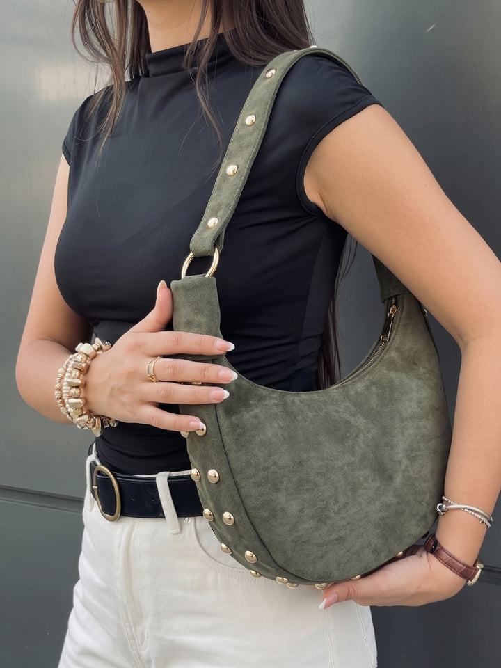 The Sienna Studded Suede Crescent Bag - Olive