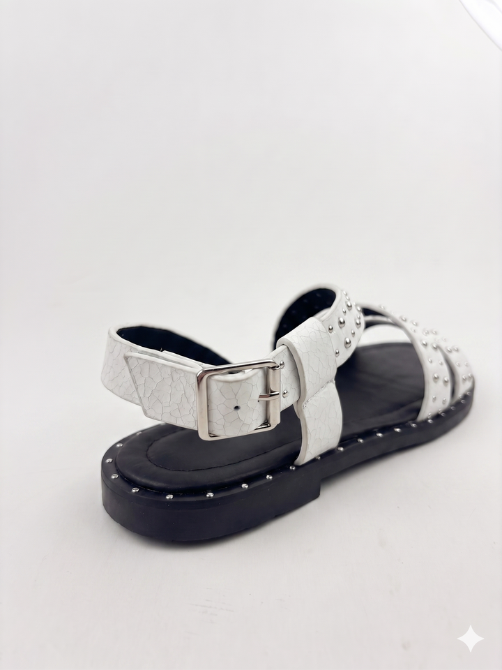White Studded Strappy Flat Sandal