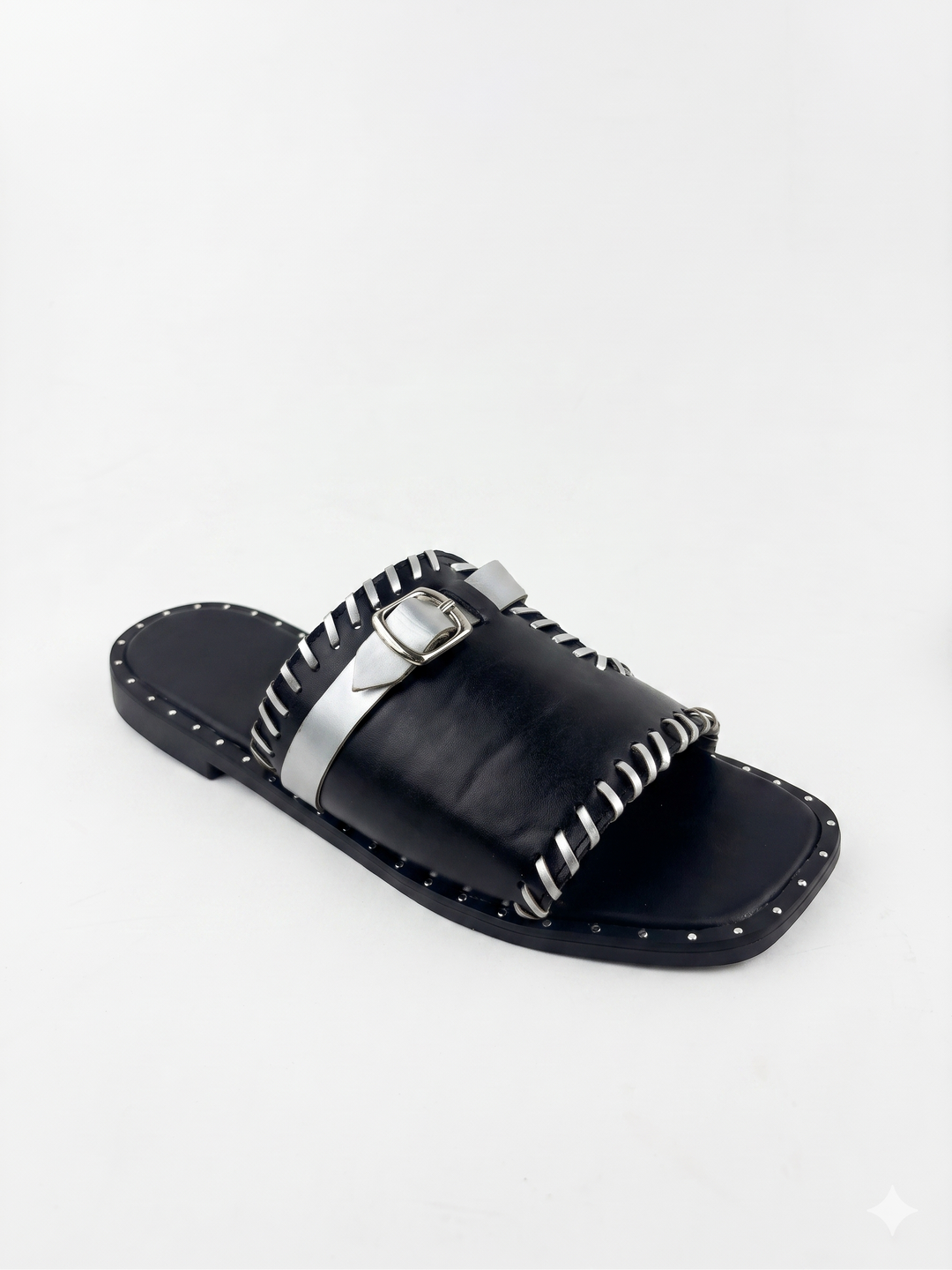 Black &amp; Silver Whipstitched Buckle Slide