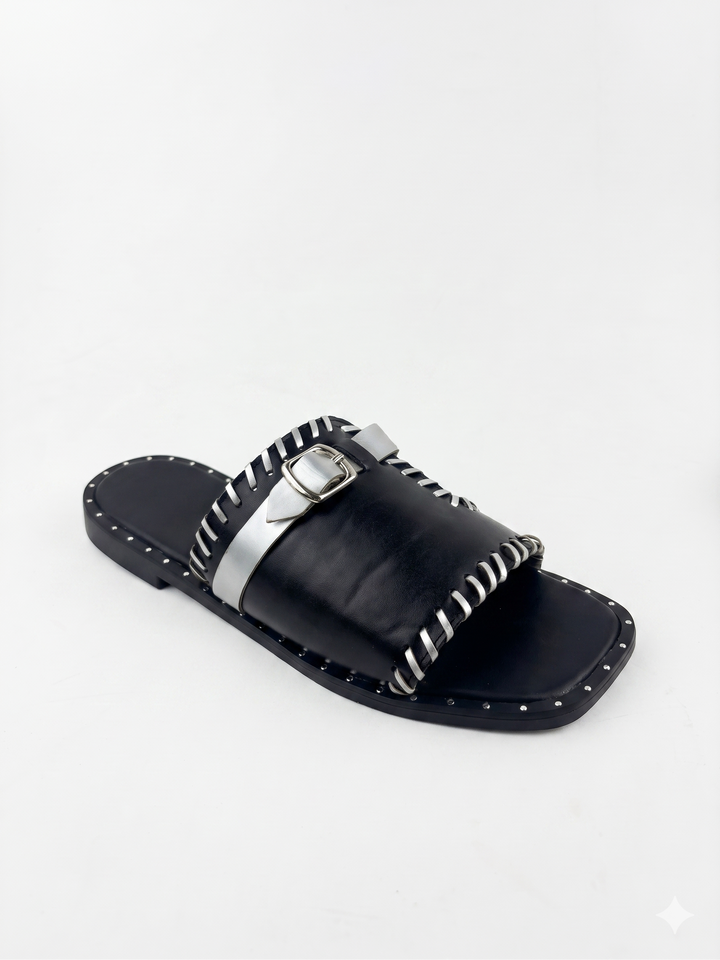 Black &amp; Silver Whipstitched Buckle Slide