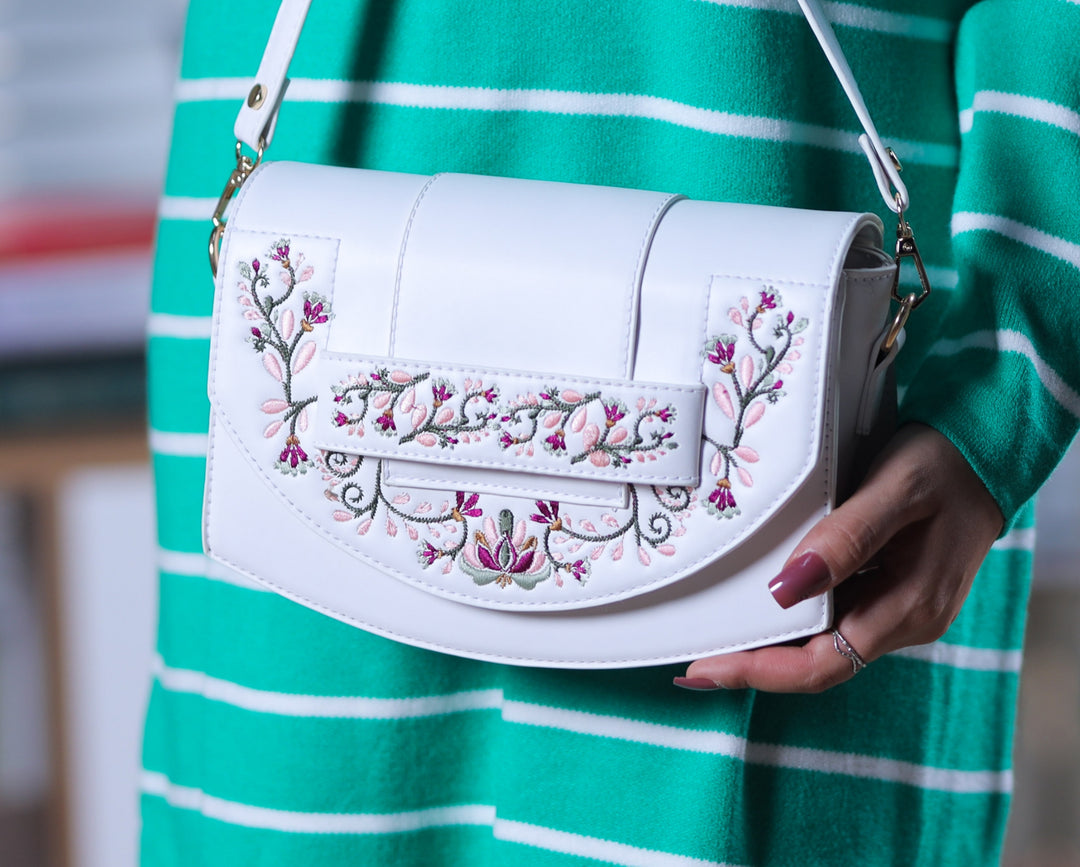 White Leather Cross Bag With Front Flower Embroidered