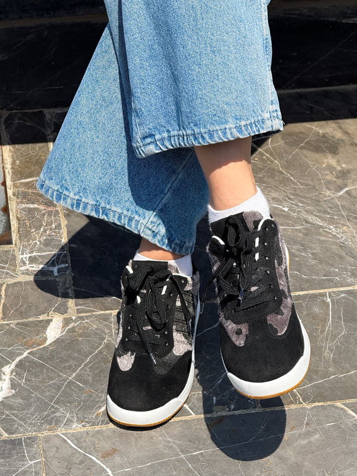 Black Suede & Animal Print Lace-Up Sneakers