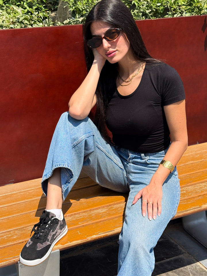 Black Suede & Animal Print Lace-Up Sneakers