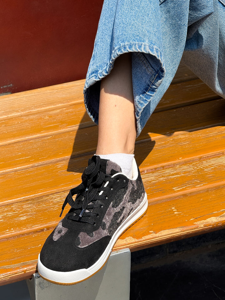 Black Suede & Animal Print Lace-Up Sneakers