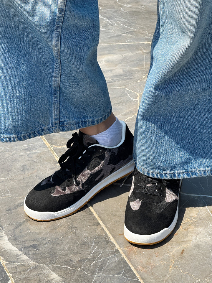 Black Suede & Animal Print Lace-Up Sneakers