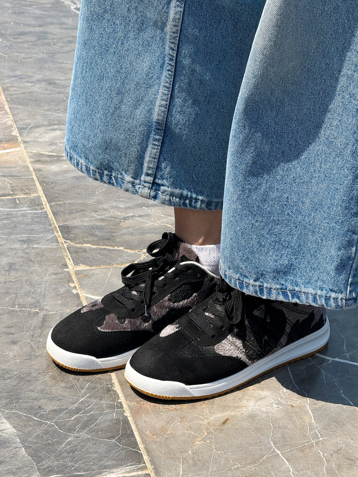Black Suede & Animal Print Lace-Up Sneakers