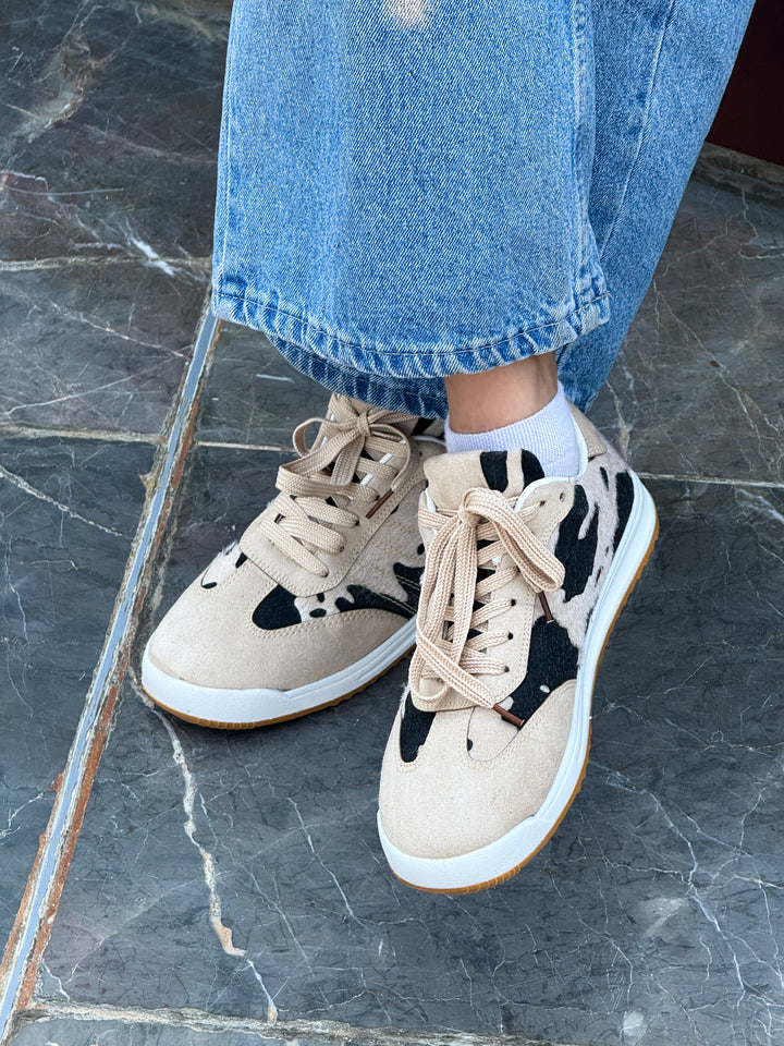 Beige Suede & Animal Print Lace-Up Sneakers