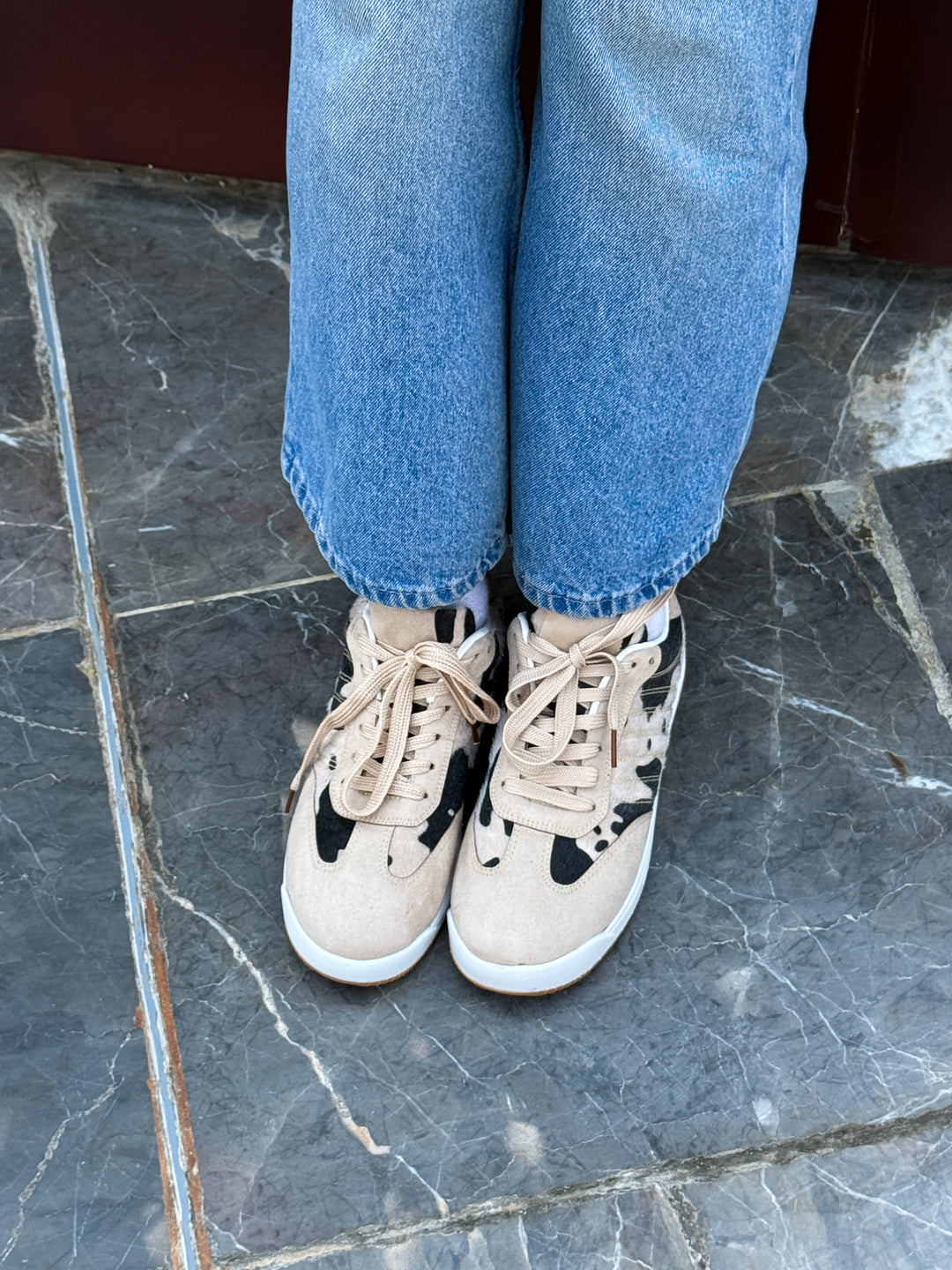 Beige Suede & Animal Print Lace-Up Sneakers