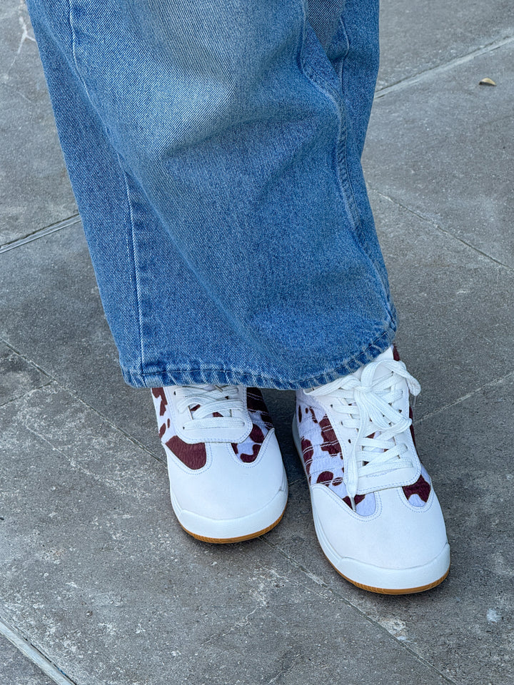 White and Brown Suede & Animal Print Lace-Up Sneakers