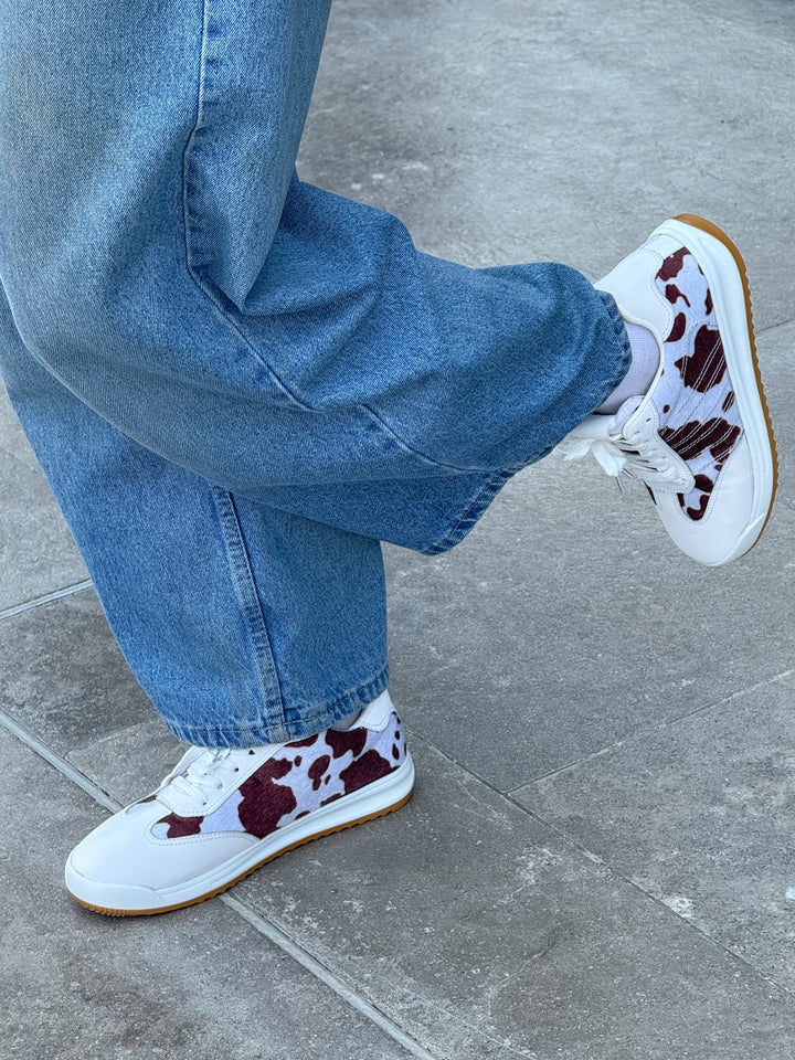 White and Brown Suede & Animal Print Lace-Up Sneakers