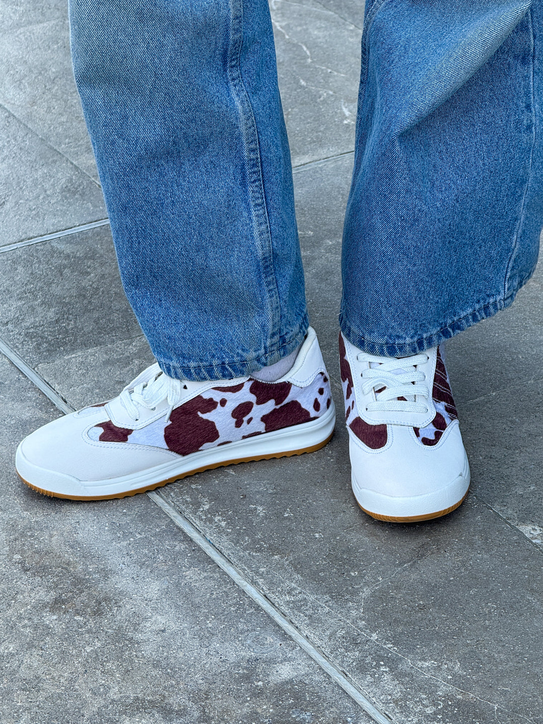 White and Brown Suede & Animal Print Lace-Up Sneakers