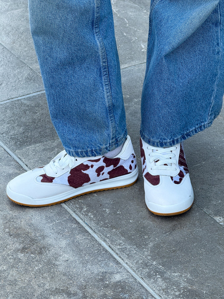 White and Brown Suede & Animal Print Lace-Up Sneakers