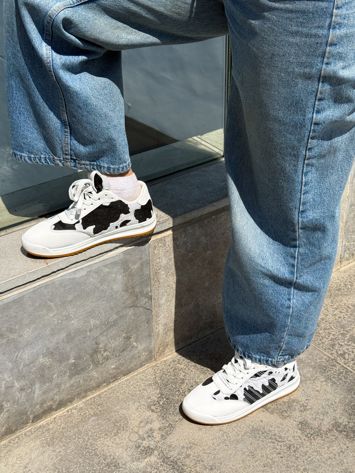 White and Black Suede & Animal Print Lace-Up Sneakers