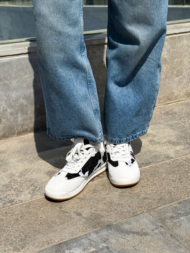 White and Black Suede & Animal Print Lace-Up Sneakers