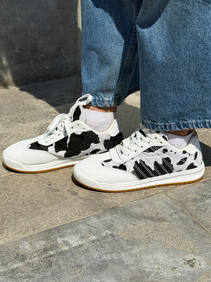 White and Black Suede & Animal Print Lace-Up Sneakers