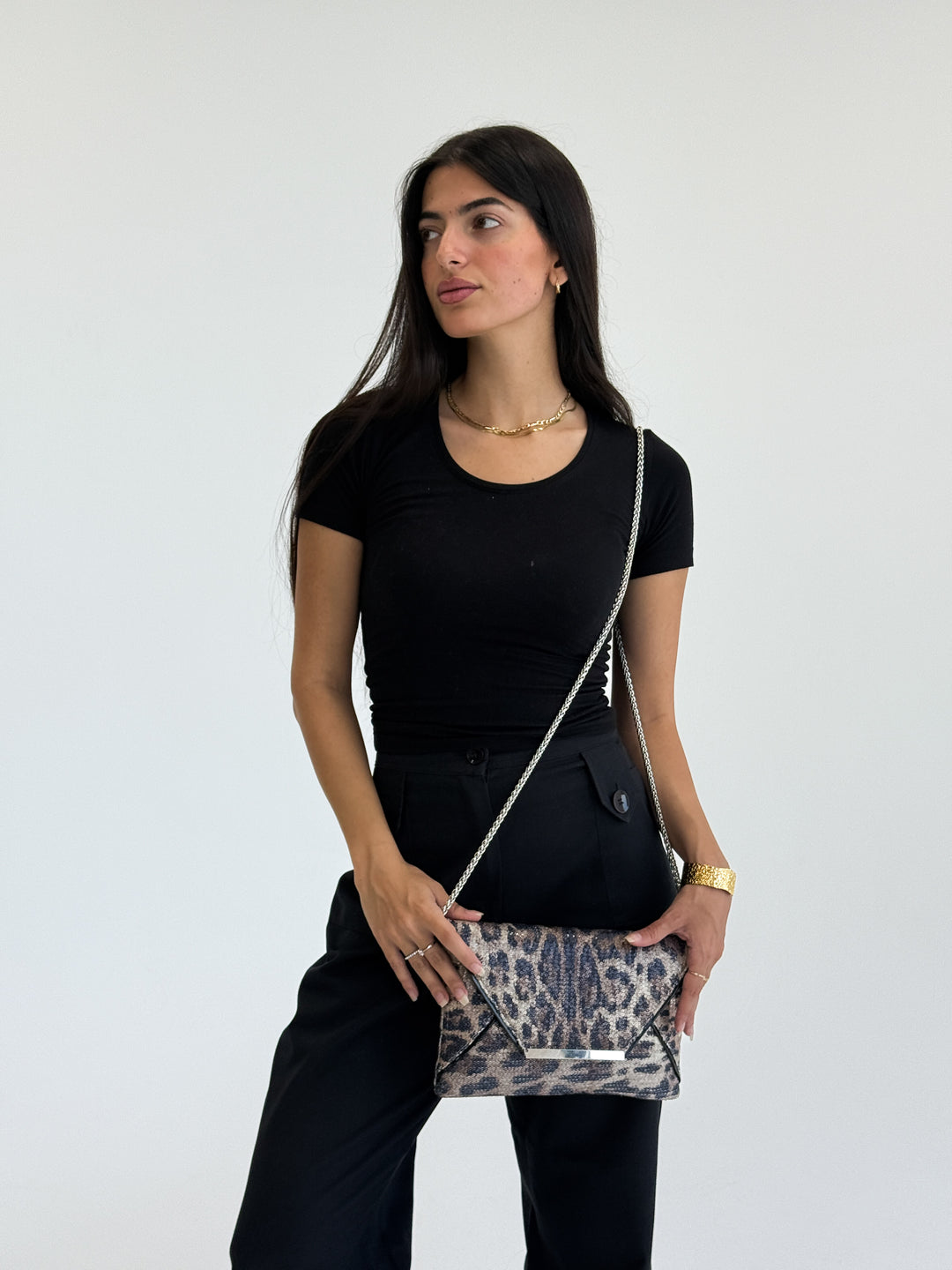 Leopard Print Envelope Clutch with Chain Strap