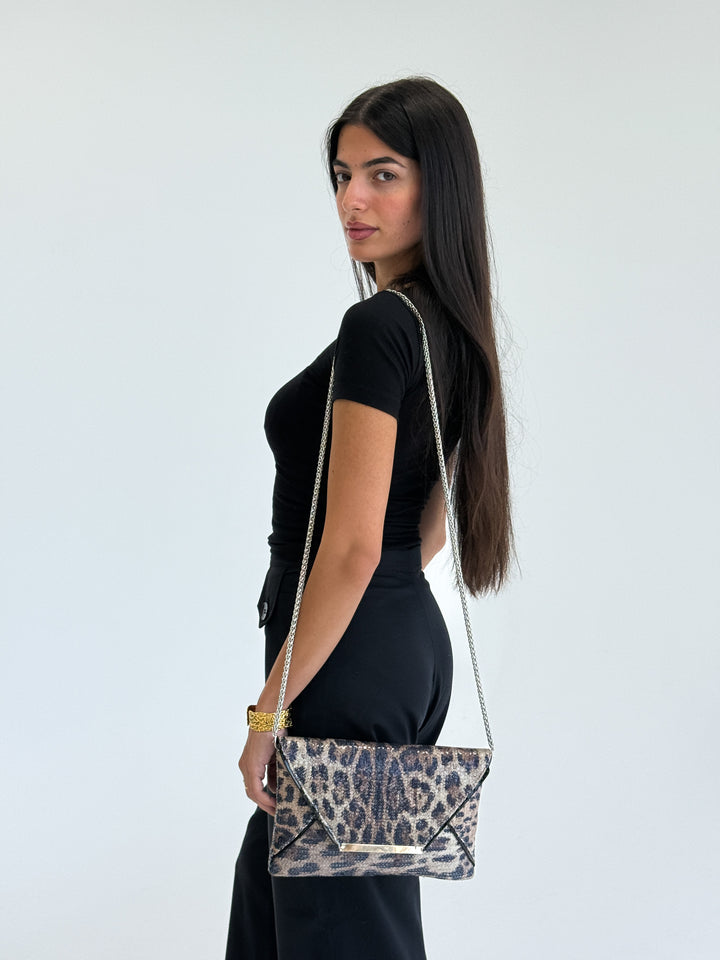 Leopard Print Envelope Clutch with Chain Strap