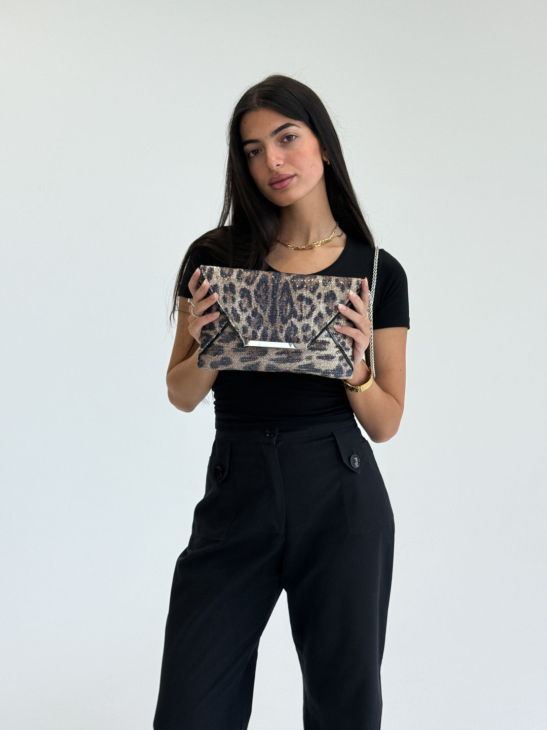 Leopard Print Envelope Clutch with Chain Strap