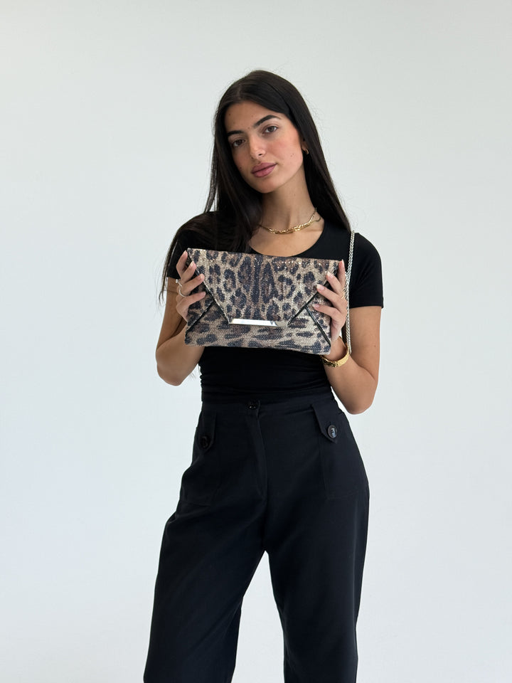 Leopard Print Envelope Clutch with Chain Strap