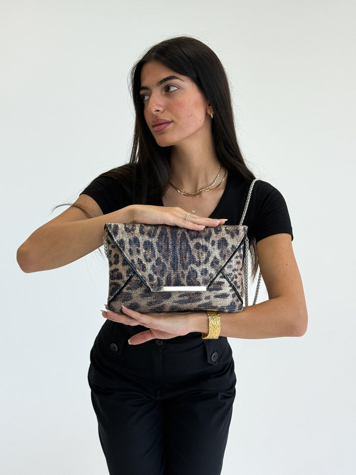Leopard Print Envelope Clutch with Chain Strap