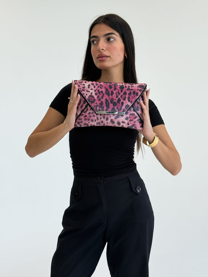 Pink Leopard Print Envelope Clutch with Metal Accent
