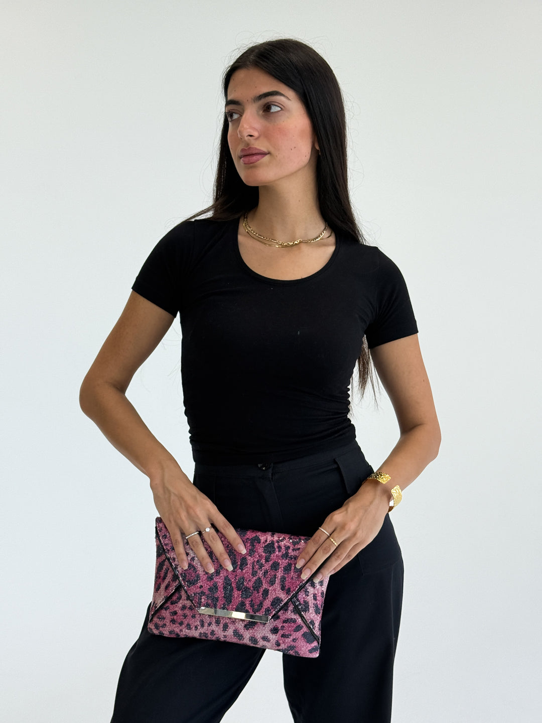 Pink Leopard Print Envelope Clutch with Metal Accent
