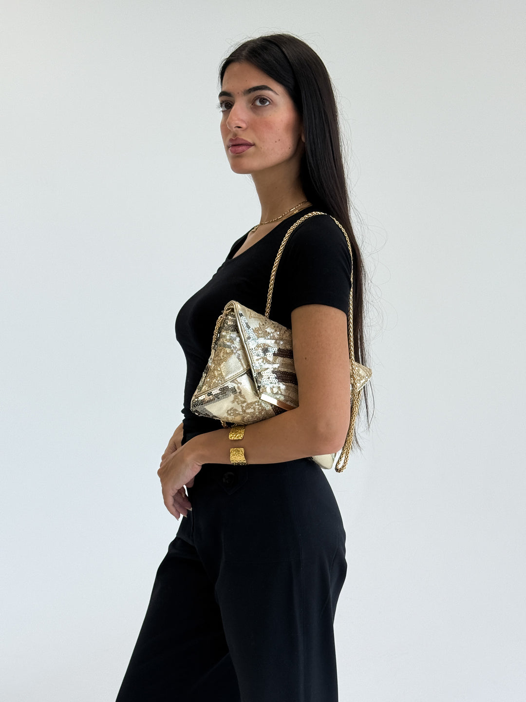 Gold Sequin Envelope Clutch with Chain Strap