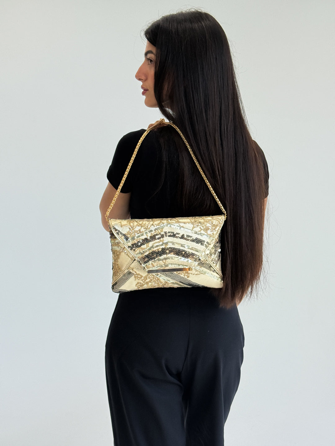 Gold Sequin Envelope Clutch with Chain Strap