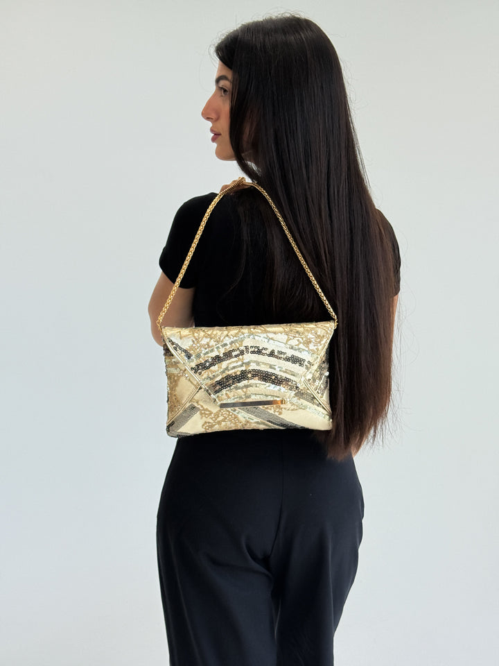 Gold Sequin Envelope Clutch with Chain Strap