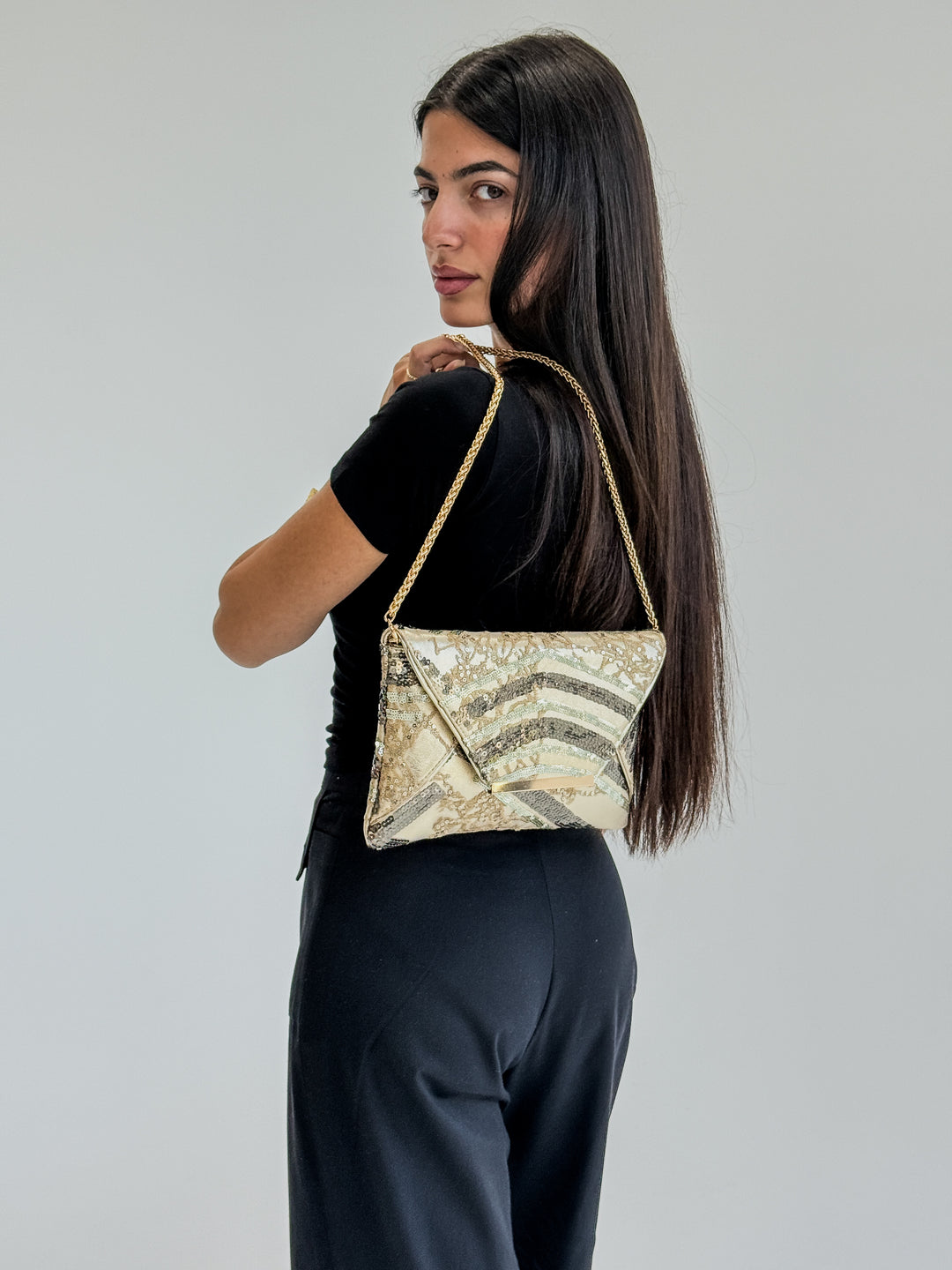 Gold Sequin Envelope Clutch with Chain Strap