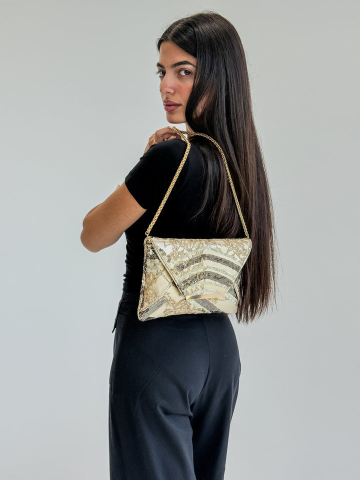 Gold Sequin Envelope Clutch with Chain Strap