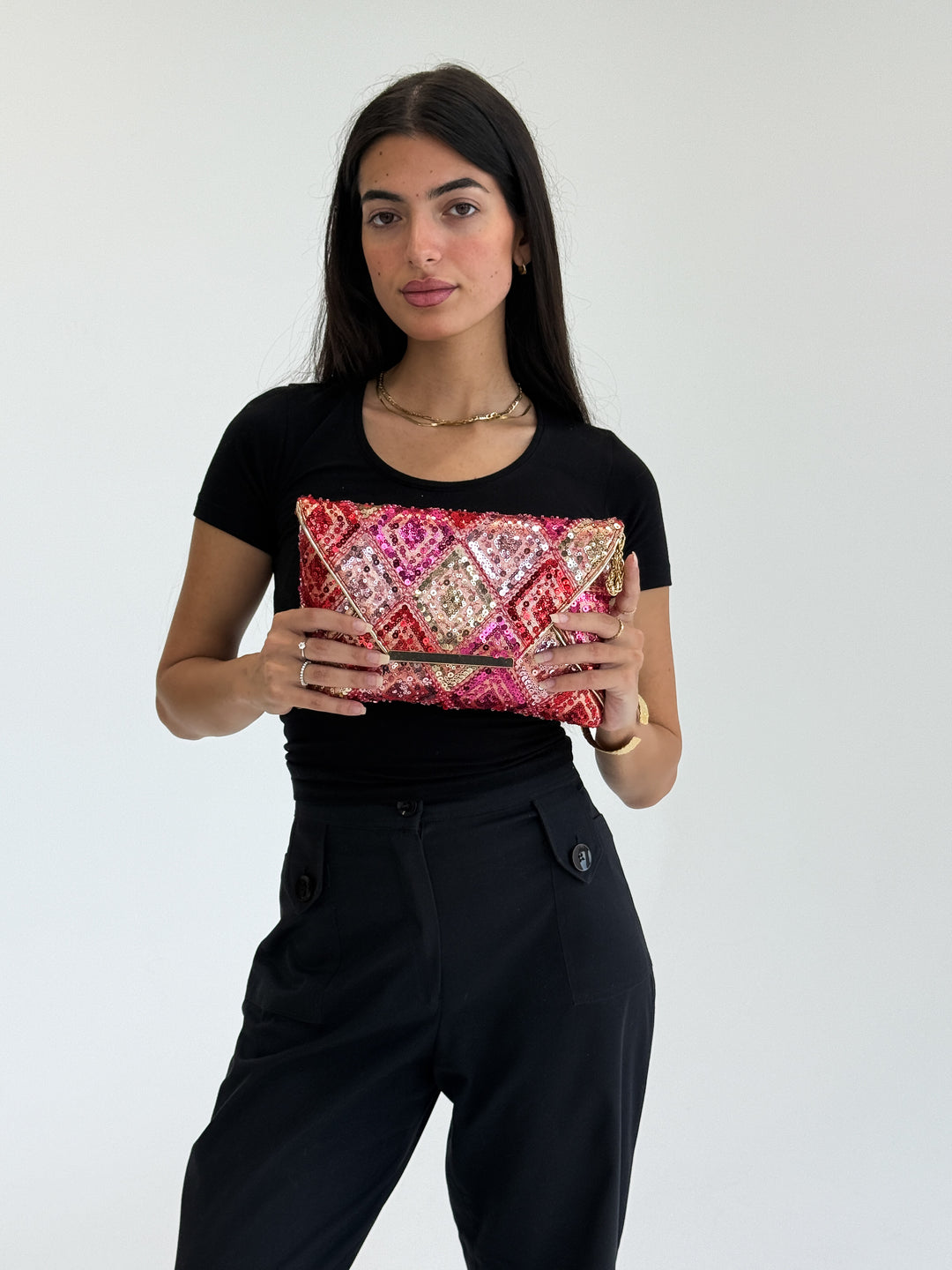 Red & Pink Sequin Envelope Clutch with Gold Detailing
