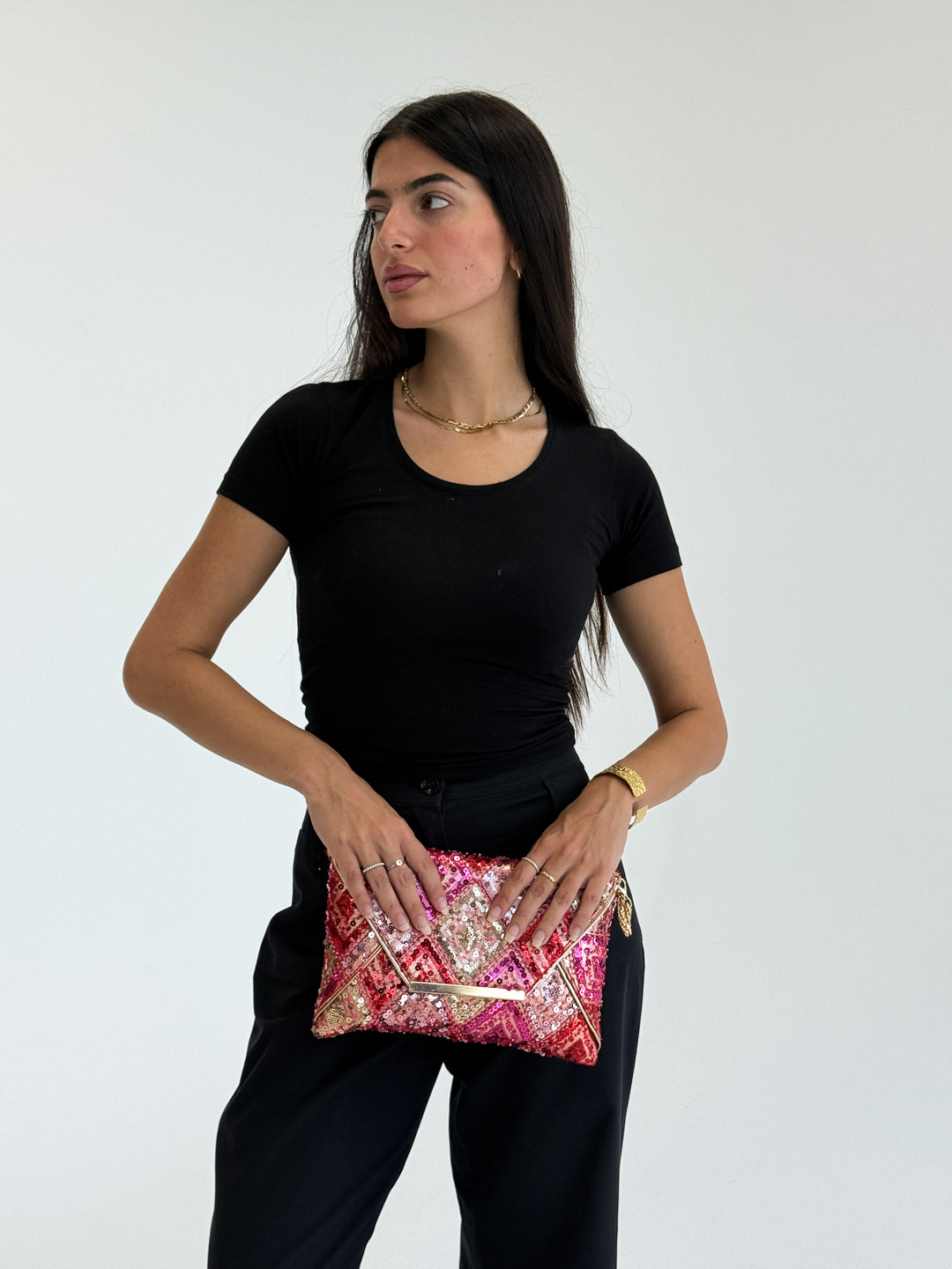 Red & Pink Sequin Envelope Clutch with Gold Detailing