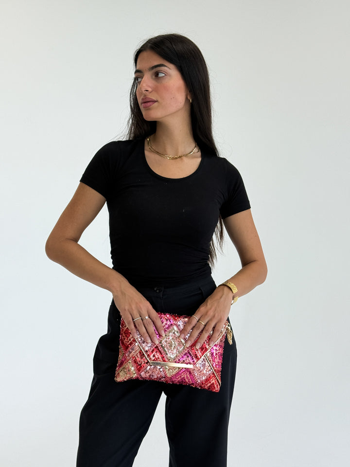 Red & Pink Sequin Envelope Clutch with Gold Detailing