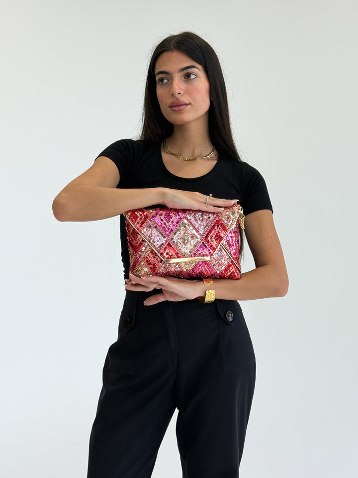 Red & Pink Sequin Envelope Clutch with Gold Detailing