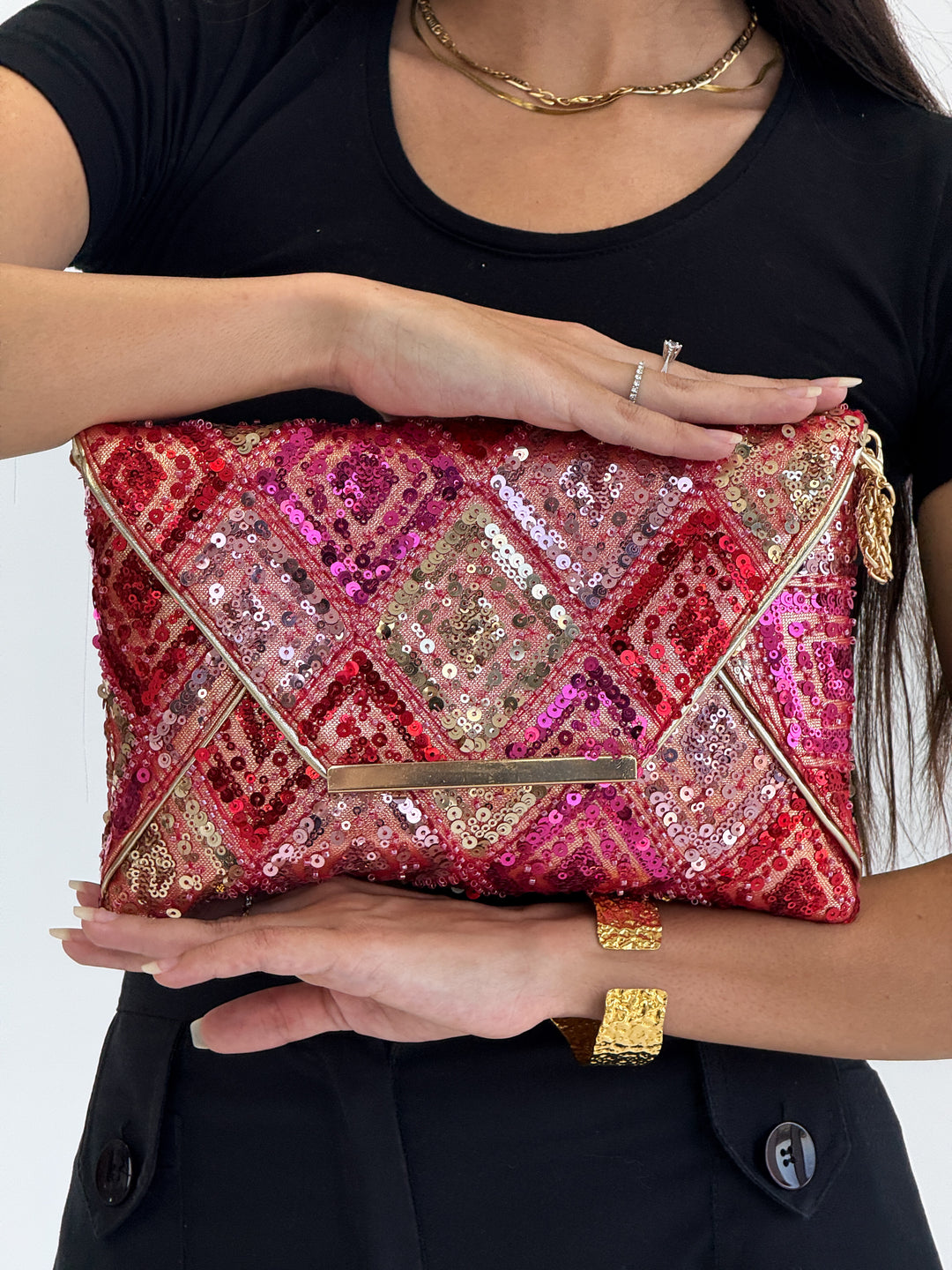 Red & Pink Sequin Envelope Clutch with Gold Detailing