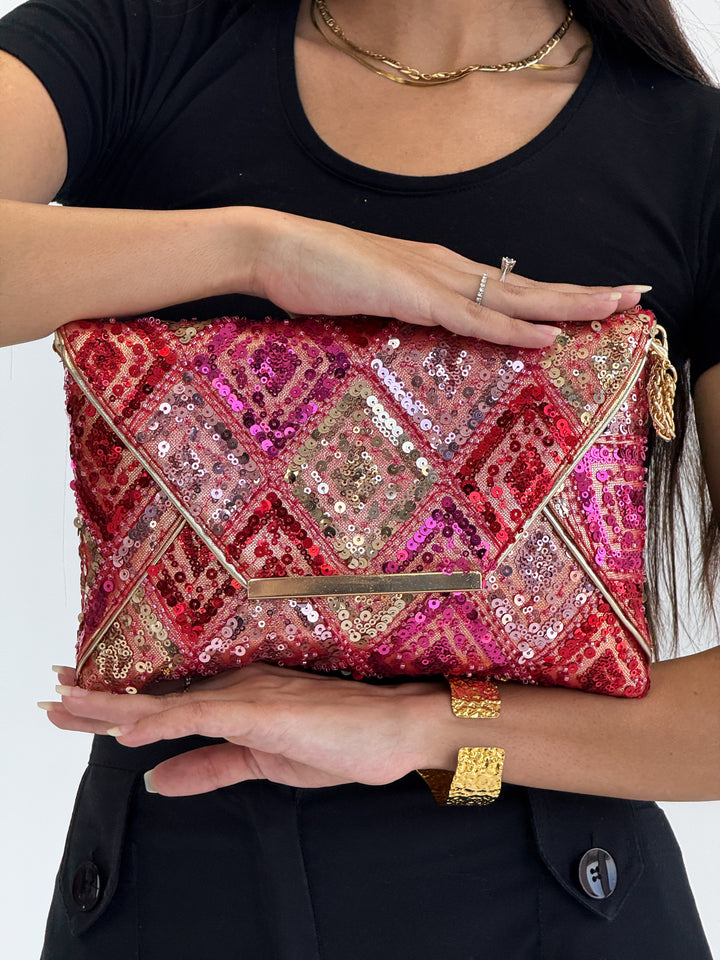 Red & Pink Sequin Envelope Clutch with Gold Detailing