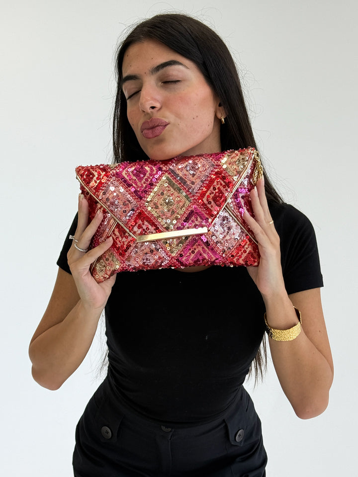 Red & Pink Sequin Envelope Clutch with Gold Detailing