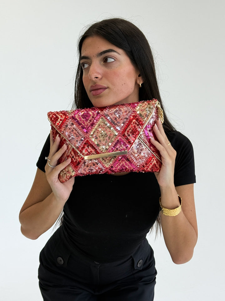 Red & Pink Sequin Envelope Clutch with Gold Detailing