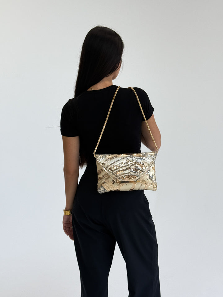 Champagne Gold Sequin Envelope Clutch with Chain Strap