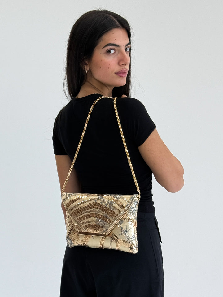 Champagne Gold Sequin Envelope Clutch with Chain Strap
