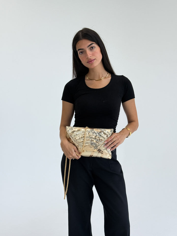 Champagne Gold Sequin Envelope Clutch with Chain Strap
