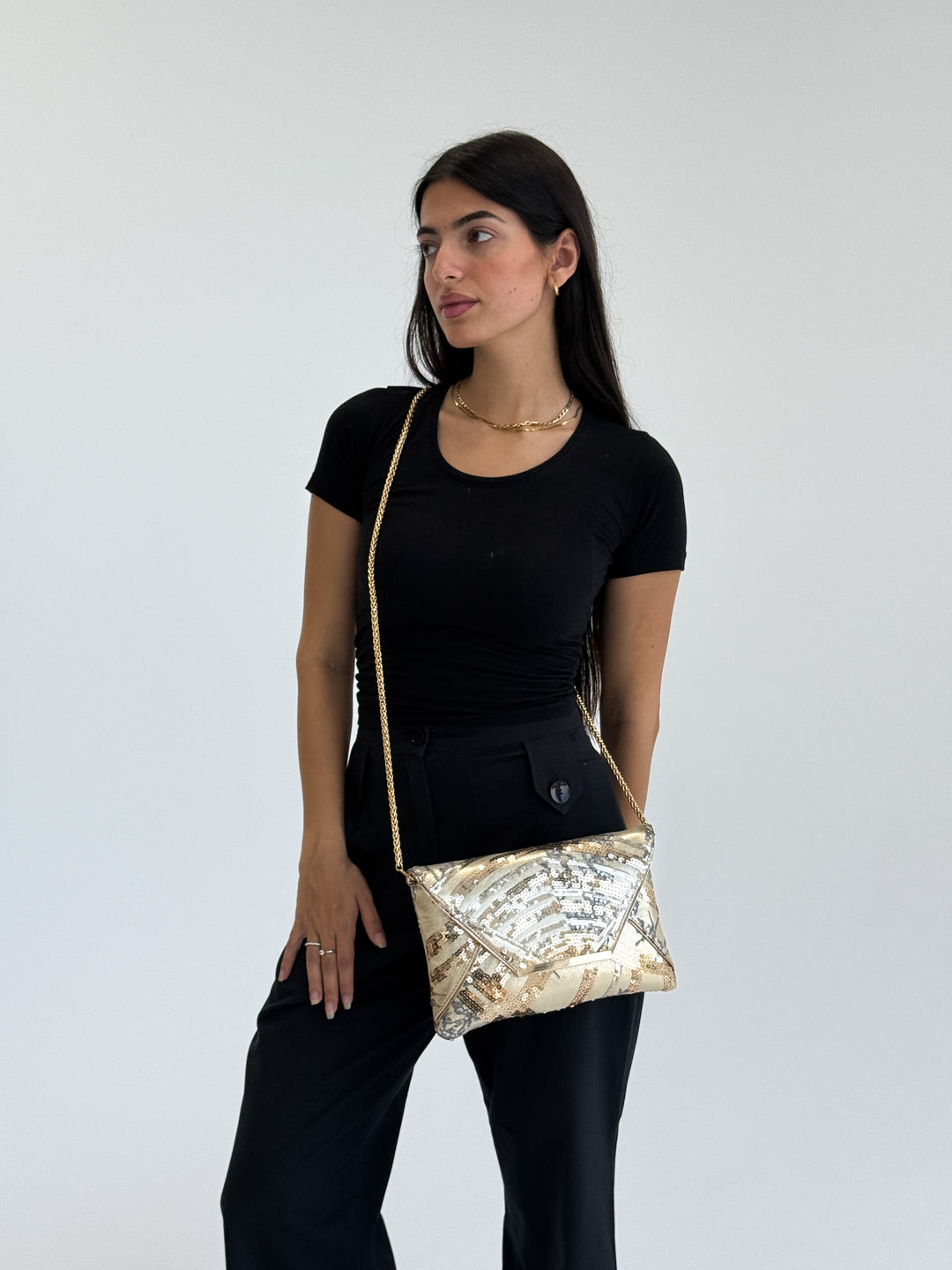Champagne Gold Sequin Envelope Clutch with Chain Strap