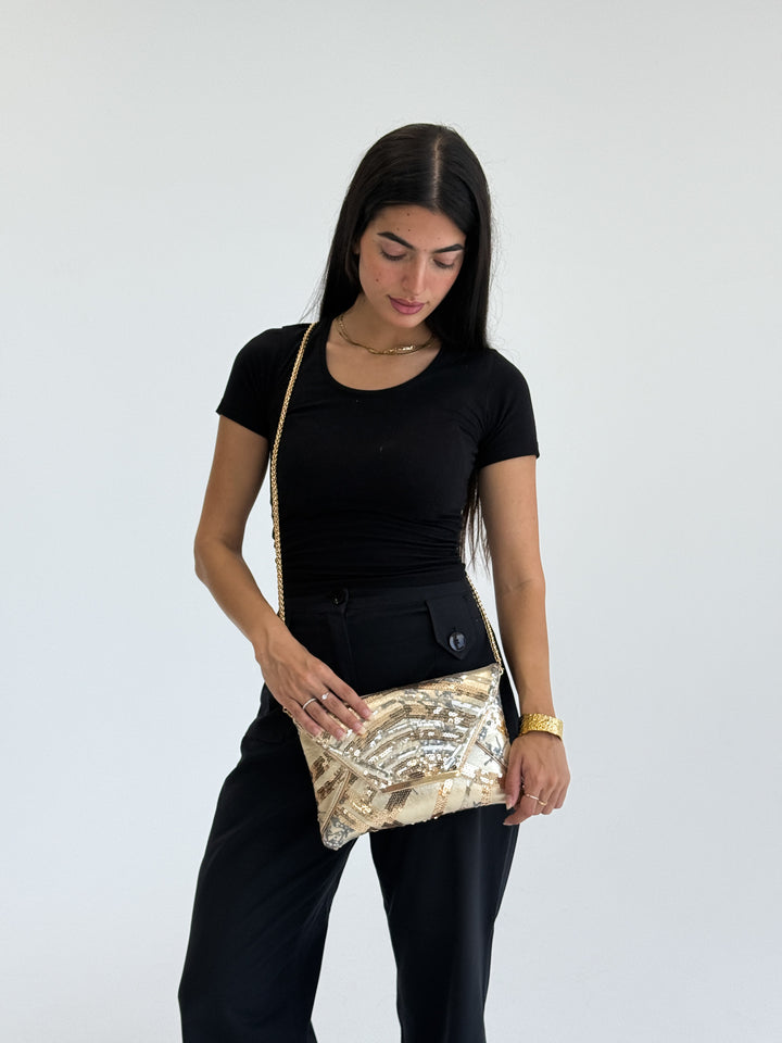 Champagne Gold Sequin Envelope Clutch with Chain Strap